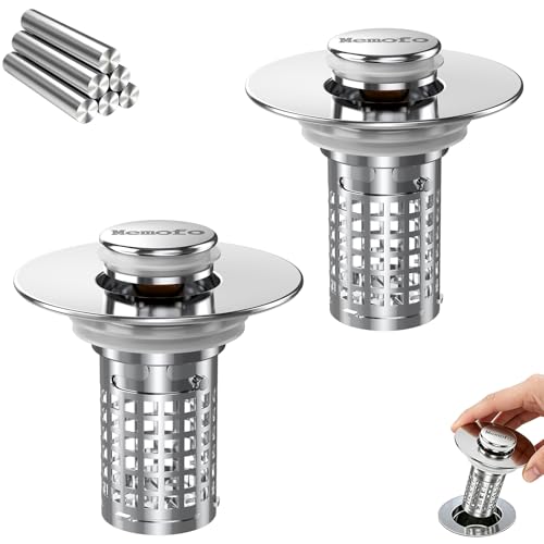 Bathroom Sink Drain Strainer(2PCS), Stainless Steel Pop-up Strainer Basket Hair Catcher with Removable Basket, Brass Bullet Core, Universal Fit 1.1-2.36 Inch