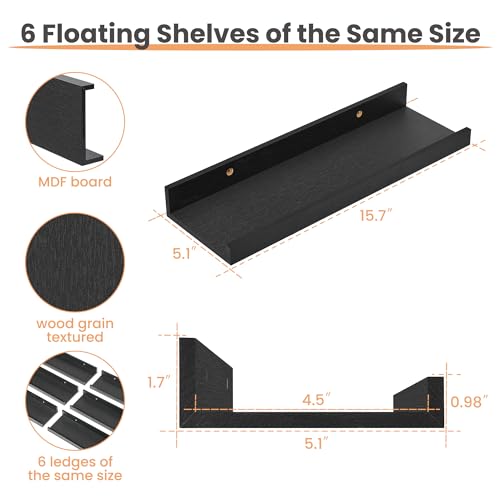 upsimples Floating Shelves for Wall Decor and Storage, Black, 6Pcs 15.7'' | Wall Mounted Wood Shelves for Living Room, Bedroom, Bathroom, Kitchen, Office, Laundry Room Display and Organize