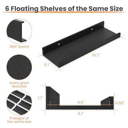 upsimples Floating Shelves for Wall Decor and Storage, Black, 6Pcs 15.7'' | Wall Mounted Wood Shelves for Living Room, Bedroom, Bathroom, Kitchen, Office, Laundry Room Display and Organize