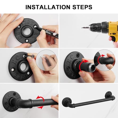 Industrial Pipe Towel Rack Towel Bar, Heavy Duty Wall Mounted Rustic Farmhouse Bath Towel Holder for Bathroom (Black, 12 inch)