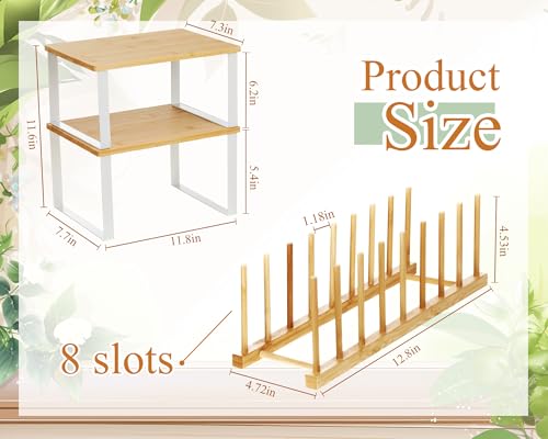 Marsui 4 Pcs Kitchen Organizer Accessories Set for Cabinet,Wooden Color | Cabinet Organizer Shelves, Bamboo Dish Drying Plate Rack, Wooden Counter Storage Holder, for Spice Dish Pot Lid Bowl Cup