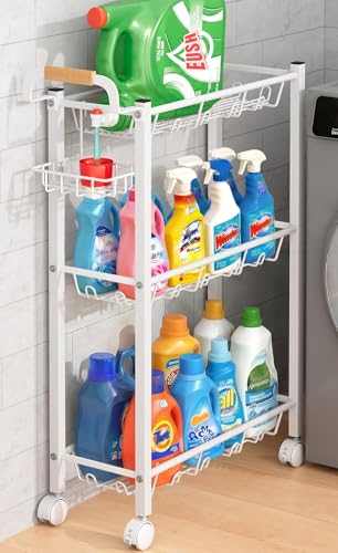Laundry Room Cart with Top Detergent Holder, Metal Rolling Storage Cart Between Washer and Dryer, 3 Tier Narrow Laundry Room Organization and Storage with Wheels (White)