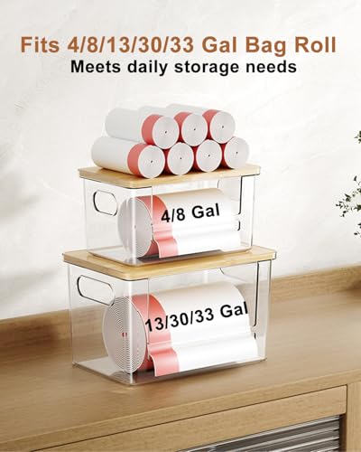 Trash Bag Dispenser 2 Pack (XL+S) - Trash Bag Holder with Bamboo Top | Acrylic Garbage Bags Dispenser Under Sink Organizer for Pantry, Kitchen, Laundry Room, Cabinet 2 Pack (XL+S)