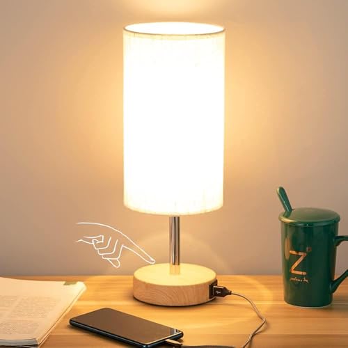 Bedside Table Lamp with USB Ports - Touch Control... (Fabric | Metal)