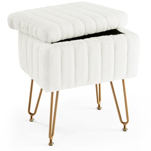 Vanity Stool Chair with Storage, Ottoman Faux Fur... (White | Faux Fur, Metal)