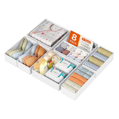 DIMJ Drawer Organizer Clothes, 8 Pack Dresser Organizer, Foldable Closet Organizers and Storage, Fabric Dresser Bins, Drawer Dividers for Nursery, Baby Clothes, Underwears, Sock (white)