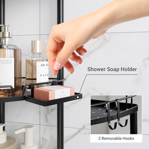 Corner Shower Caddy Standing, 3 Tier Metal Shower Organizer, Black | Stainless Steel Shower Shelves with Soap Holder, Adjustable Feet & 2 Hooks for Storing Bath Essentials in Bathroom corner