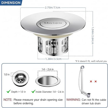 1.4"-2.6" Flip-Cover Bathtub Drain Stopper, 2 Strainers（1,Silver） | Flush-fit tool-free drain hair catcher, no springs, rustproof. Press to seal/drain, stops puddles. Durable