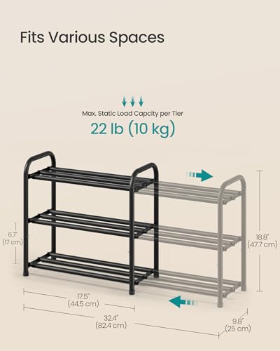 SONGMICS Expandable Shoe Rack, Adjustable Shoe Organizer Storage Shelf, Sturdy and Heavy-Duty, for Closet, Entryway, Living Room, 3-Tier, Ink Black ULMR036BD01