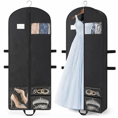 65" Long Garment Bags, 2 Pack Waterproof Travel Dress Bags for Hanging Clothes, Wedding Dress Cover Clothes Protector for Closet Storage, Suitable for Gowns, Tuxedos, Coats, Black