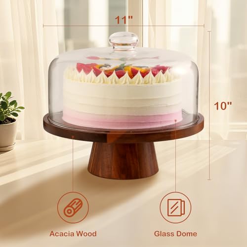 Acacia Wood Cake Stand with Glass Lid–12" Magnetic Base for Parties&Kitchen