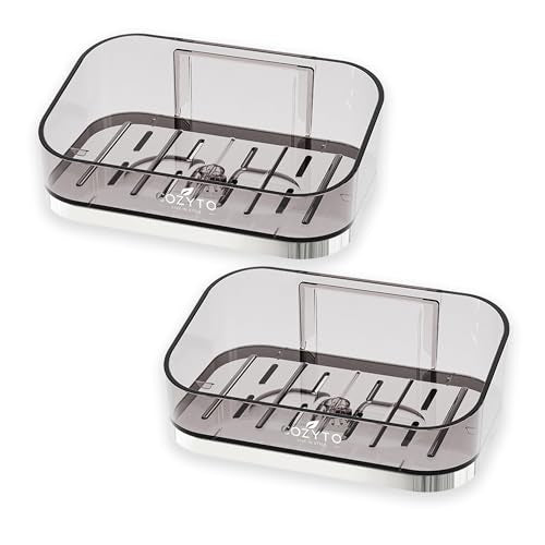 COZYTO DripLux S2 - Magnetic Soap Holder Wall Mount 2-Pack Fast-Draining Adhesive Soap Dish for Bathroom Shower & Kitchen PET Plastic Smoky Quartz & Rose Gold/Platinum Trim (Smoky Quartz & Platinum)