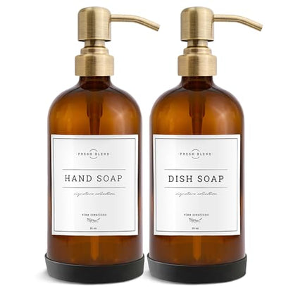 Vine Creations Amber Glass Soap Dispenser, 2 Pack Kitchen Soap Dispenser Set with Stainless Steel Pump, 16 oz Dish Soap and Hand Soap Dispensers for Bathroom with Waterproof Labels and Protective Pads