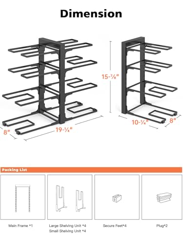 MUDEELA 8-Tier Heavy Duty Pots and Pans Organizer under Cabinet, Black | Adjustable 15.83" H pot rack, pan organizer Holds big stockpots, Cast Iron Skillet and cookware for use inside cabinets