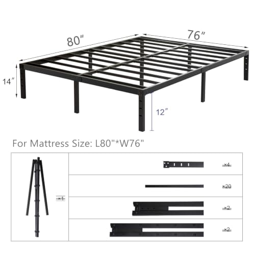 Wulanos King Size Bed Frame, 3500lbs Heavy Duty Metal Frames with Steel Slats Support 14 Inch High Platform Bedframe with Storage, No Box Spring Needed, Sturdy and Durable Noise-Free, Black