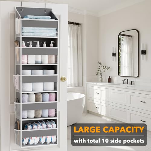 SpaceAid 1 Pack Over The Door Organizer with 5 Large Pockets and 10 Mesh Side Pockets, 5 Layers Door Organizer Hanging with Clear Window for Bedroom, Bathroom, Pantry and Nursery, Gray