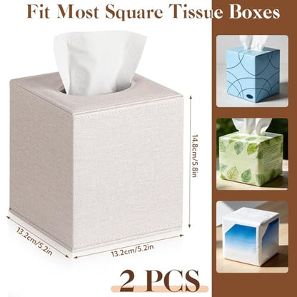 VZZNN 2 Pack Tissue Box Cover Square - Modern Cube Tissue Holder with Magnetic Base, Decorative Tissue Organizer for Bathroom Vanity, Dresser, Countertop, Bedroom, Office, and Car, Beige