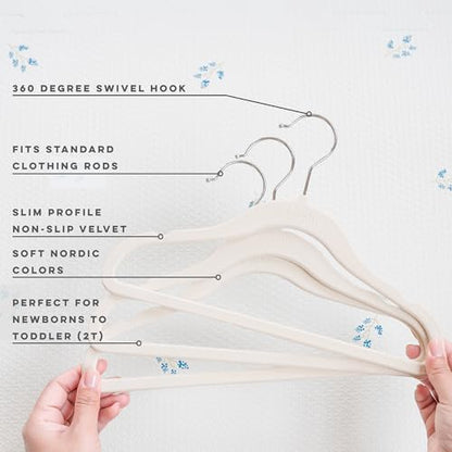 3 Sprouts Velvet Baby Hangers, Non Slip Slim, Cream, 30 Pack | Non-slip velvet, Notched shoulders, 360-degree swivel hook, 11.75 x 8 in, Infant and toddler clothes, Soft colors for nursery