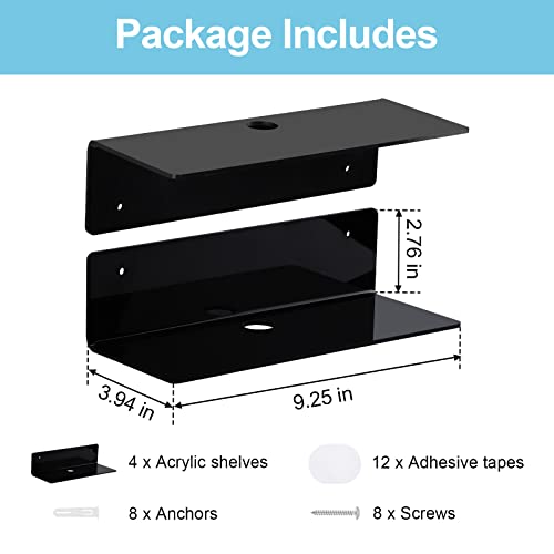 9 Inch Acrylic Floating Shelf No Drill Adhesive Wall Shelf Set of 4 for Funko Pop Storage, Floating Shelves Damage-Free Expand Wall Space for Living Room, Bathroom, Gaming Room, Office - Black