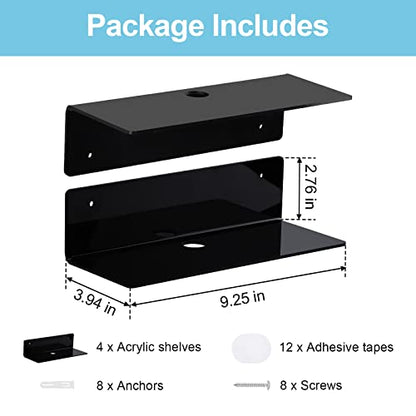 9 Inch Acrylic Floating Shelf No Drill Adhesive Wall Shelf Set of 4 for Funko Pop Storage, Floating Shelves Damage-Free Expand Wall Space for Living Room, Bathroom, Gaming Room, Office - Black