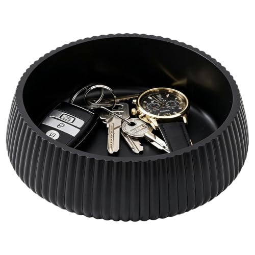 Concrete Key Bowl for Entryway Table, 7" Key Holder Bowl for Keys, Black | Charcoal Black - Handcrafted - Solid Concrete - Smooth Matte Finish - Fluted Design - Minimalist & Organic Modern Home Decor