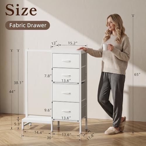 Tall Dresser 44''H with Hanging Rack, 4 Drawers Small Closet Dresser for Bedroom, Reversible Fabric Chest of Drawers with Clothes Rack, Tall Storage Tower, Sturdy Frame, White