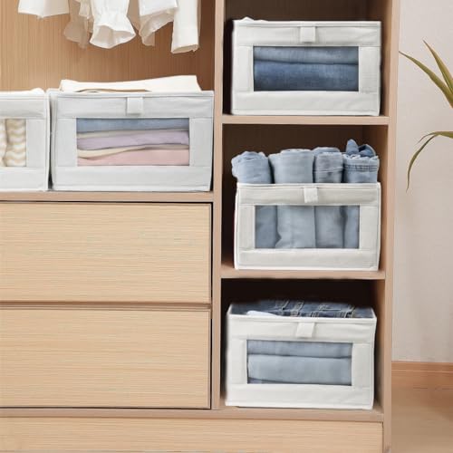 Fordonral 4 Pack Linen Storage Bins, Storage Containers for Organizing Clothing, Jeans, Toys, Books, Shelves, Closet, Wardrobe - Closet Organizers and Storage, Large Storage Boxes Baskets with Window