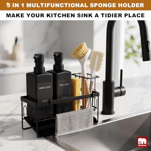 GMISUN Dish Soap Dispenser, 12 fl oz / 350 ml Dual Kitchen Soap Dispensers with Sponge Holder, Customized Matte Black Kitchen Soap Dispenser Set, Modern Hand and Dish Soap Bottle Set Removable