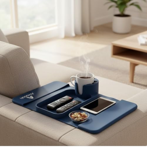 Silicone Couch Cup Holder Tray for Sofa Armrest, Non-Slip Sofa Organizer with Cup Holder, Phone Remote Tablet Storage, Couch Armrest Caddy for Drinks Snacks Living Room (Blue Navy)
