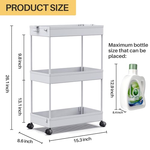 SPACEKEEPER 3 Tier Rolling Cart, Bathroom Cart Organizer with Wheels, Gray | Mobile Storage Cart for Laundry Room Organization,Kitchen,Office,Bathroom, Utility Cart for Snack,Craft,Art,Makeup,Nail,Toys