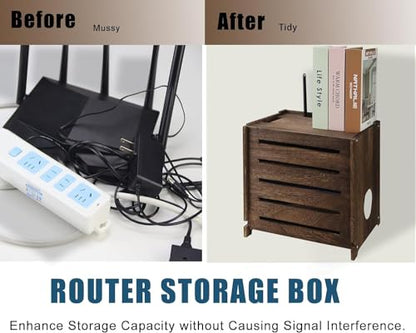 Wooden WiFi Router Storage Box Charcoal Retro Wood Router Hider Box Modem Store Boxes, Double-Layers WiFi Hiding Boxes Internet Hiders No Signal Blocking Router Cabinet Wood