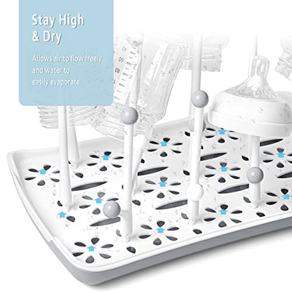 Termichy Baby Bottle Drying Rack: Space-Saving with 13 Hooks & Drain Tray | Compact Drying Stand for Bottles, Pacifiers & Pump Parts - Kitchen Counter Organizer for Nursing Moms Grey