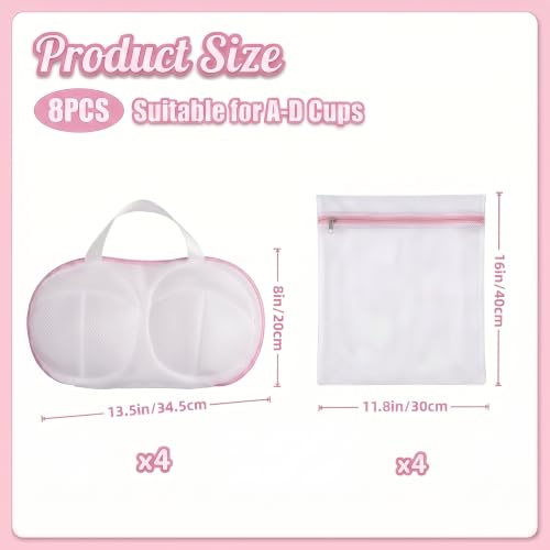 8 Pcs Bra Washing Bags, Lingerie Bag for Washing Brassiere, Pink, A-D Cups | Women & Girls Bra Washer Protector | Home and Travel Use | Concealed Zipper | Breathable Mesh Fabric | Easy to Clean