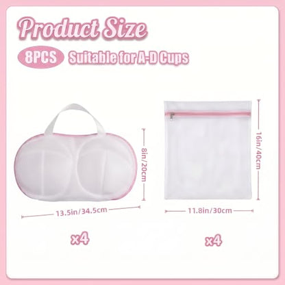 8 Pcs Bra Washing Bags, Lingerie Bag for Washing Brassiere, Pink, A-D Cups | Women & Girls Bra Washer Protector | Home and Travel Use | Concealed Zipper | Breathable Mesh Fabric | Easy to Clean