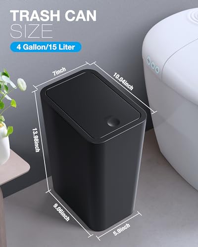 ITCPRL Bathroom Trash Can with Lid, 2 Pack 4 Gallons/15 Liters Garbage Can with Pop-Up Lid, Small Plastic Trash Can, Slim Trash Bin Waste Basket for Bathroom, Bedroom, Office, Living Room(Black)