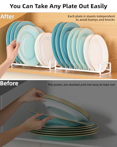 Plate Organizer for Cabinet -2Pack,Dish Rack Organizer for Cabinet Kitchen Countertop Drawer Space Saver，8 Slots Vertical Dish Plate Holder Storage Rack, Kitchen Housewarming Gifts for Women (White)