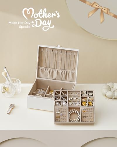 SONGMICS 2-Layer Jewelry Box, Jewelry Organizer with Handle, Removable Jewelry Tray, Jewelry Storage, Floating Effect, 8.1 x 9.4 x 4.3 Inches, Gift Idea, White UJBC165W01