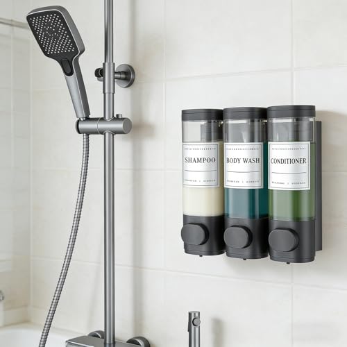 Shower Soap Dispenser Wall Mounted No Drill Shampoo Dispenser for Shower Wall Shampoo and Conditioner Dispenser Bathroom Hotel 3 * 300ml Black with Labels