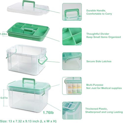 HEY FOLY 15qt Clear Medicine Organizer Storage Box with Tray, Plastic First Aid Box Empty, Thickened Medicine Container Chest, Multipurpose Medical Case with Labels, Medicine Caddy with Lids Handles