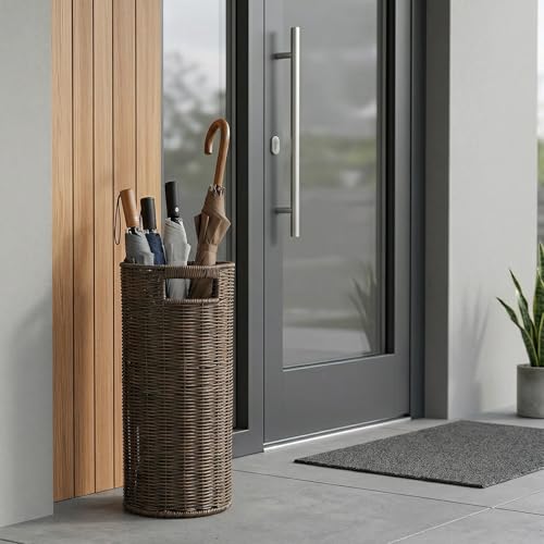 Rattan Umbrella Holder for Entryway with Drip Tray, Round Umbrella Stand for Indoor & Outdoor, Tall Wicker Basket for Storage, Woven Organizer for Home, Office, Hotel, Shop, Brown