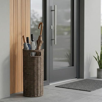 Rattan Umbrella Holder for Entryway with Drip Tray, Round Umbrella Stand for Indoor & Outdoor, Tall Wicker Basket for Storage, Woven Organizer for Home, Office, Hotel, Shop, Brown