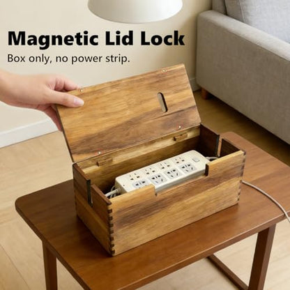 Acacia Wood Cable Management Box, Wooden Cord Hider Organizer for Power Strip, Desk/Floor/TV Wire Storage, Under Desk Cable Organizer for Home Office