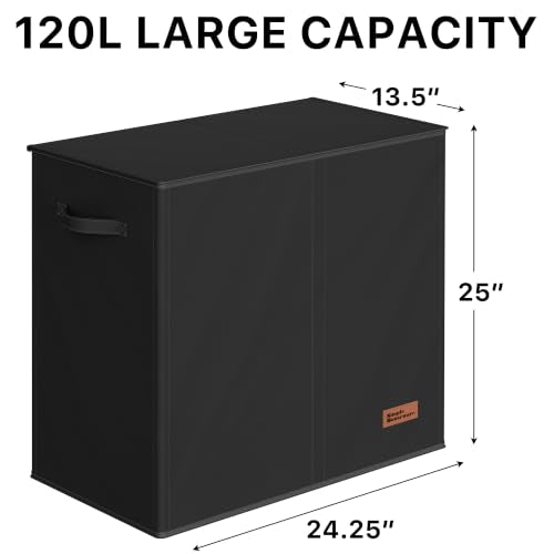 Simple Houseware Double Laundry Hamper with Lid & Removable Bags, Black | Heavy Duty 600D Polyester, Water-Resistant Surface