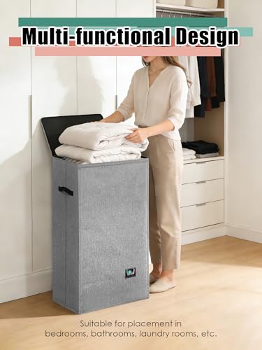 Laundry Hamper with Lid, Reinforced Sturdy Clothes Hamper with Anti-Puncture Base, Large Collapsible Laundry Basket with Removable Liner Bag, Tall Dirty Clothes Bin for Family, 100L Grey