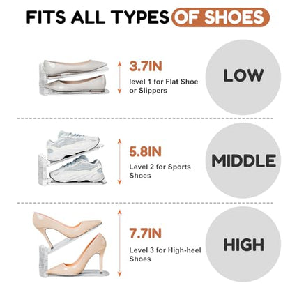 Shoe Stacker, Shoe Slot Organizer for Closet, Shoe Storage Rack | 12 Pack, Clear, 50% Space Saver, 3 Adjustable Height, Tool-Free Assembly, 30% Thicker, Superior Load Bearing