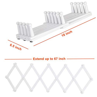 Accordian Wall Hanger: 16” High Wooden Wall Expandable Coat Rack, Hat Rack Holder, Accordion Hook for Baseball Caps, Coats, Mugs, 16 Peg Hooks, White