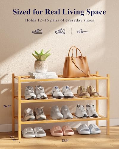 Kitsure Bamboo Wooden Shoe Rack for Closet, 26.8" Wide - 3 Tiers, Natural | Stackable Shoe Organizer with Modular Structure, Space-Saving Shoe Shelf for Entryway, Living Room, Zapateras Organizer