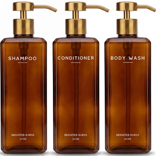 Luxury Shampoo and Conditioner Dispenser Set by Brighter Barns - Refillable Shower Shampoo Dispenser - Shower Bottles with Stainless Steel Pumps for Modern Organic Home Decor, Spa, Airbnb (Amber/Gold)