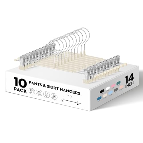Pants Skirt Hangers with Clips, 10 Pack, Ivory, 12 Inch | Non-Slip,Adjustable metal wide clips,Space-Saving,Heavy duty, for pants/skirt/dress/trousers/jeans/shorts/leggings,Women