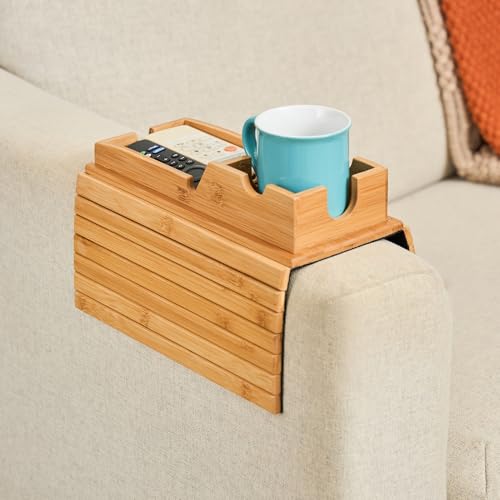 Couch Cup Holder Tray, Bamboo Sofa Arm Table with Removable Tray